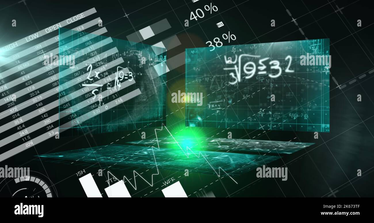 Image of data processing over mathematical equations on black ...