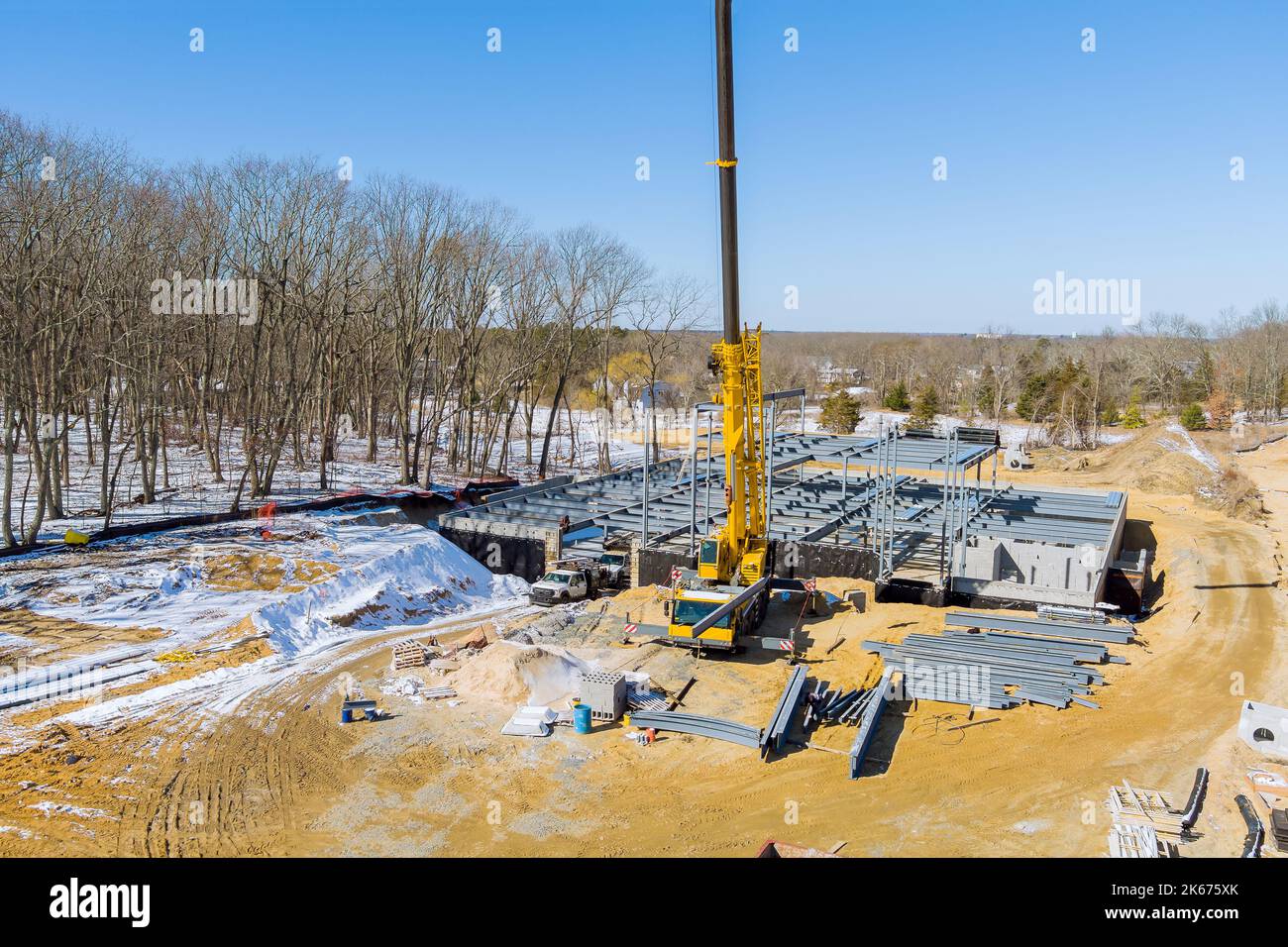 Construction building with structure of steel metal beams frame Stock Photo