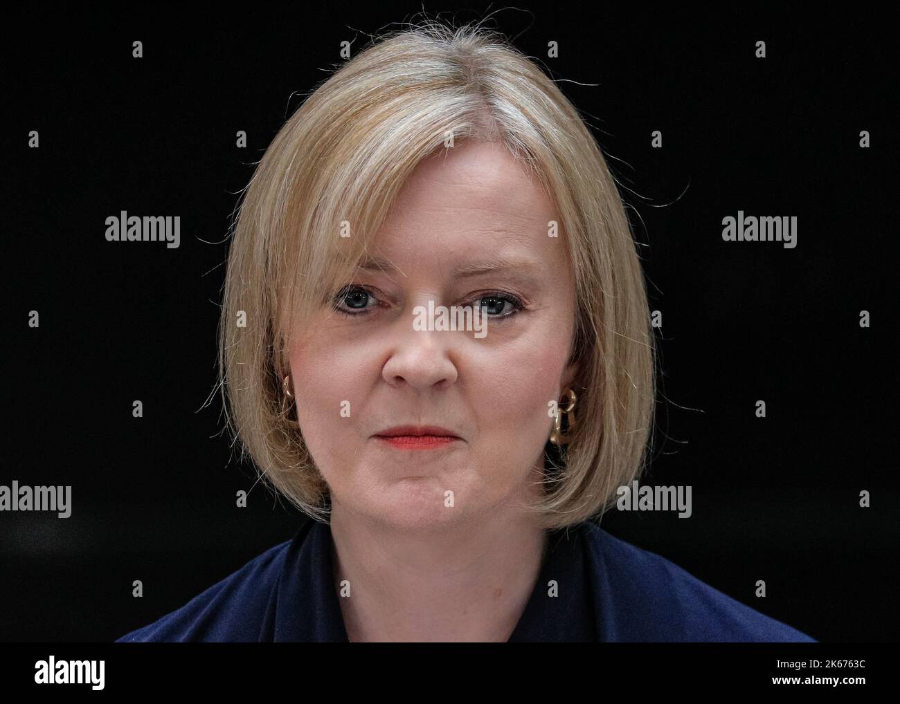 Liz Truss (Elizabeth Truss),  MP, British Prime Minister, close up face, speaking, Downing Street, London, United Kingdom Stock Photo