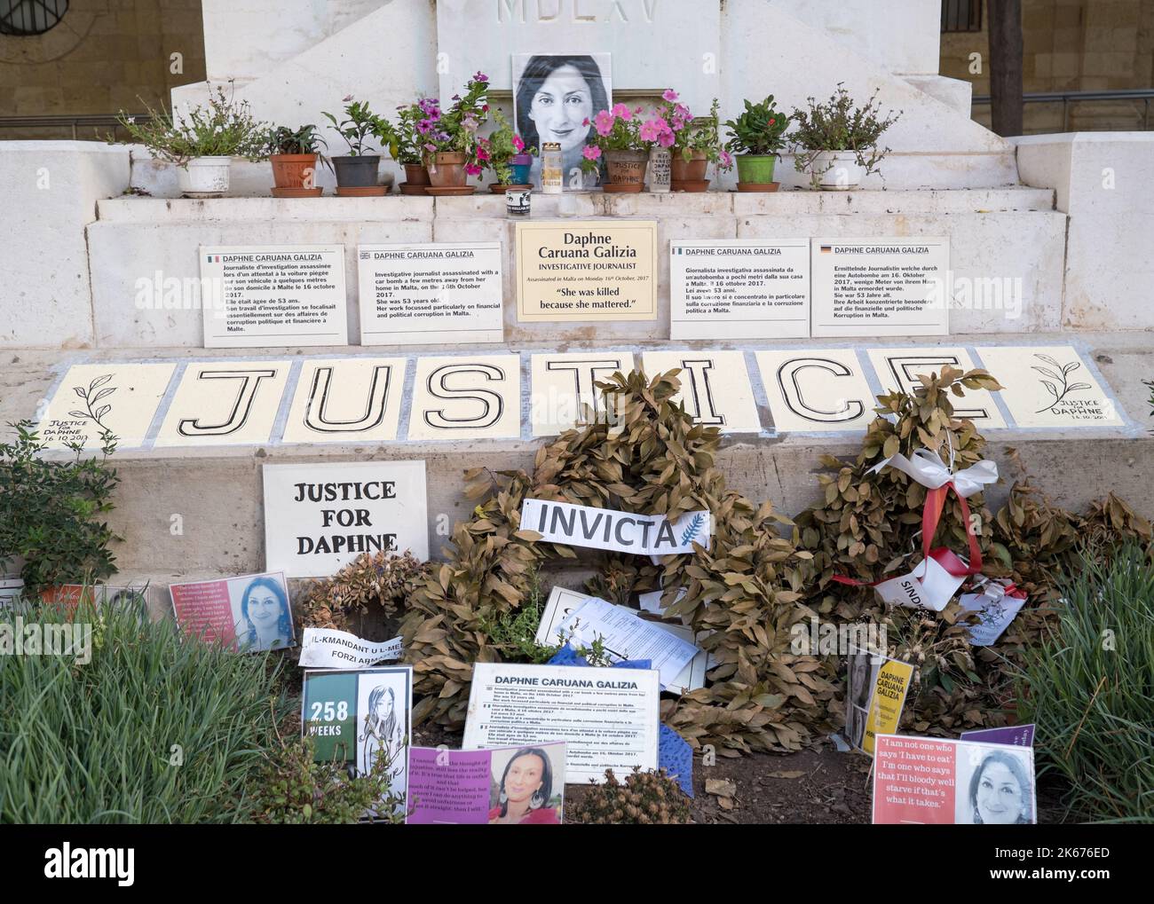 Protest messages in Malta's capital Valletta call for justice after the death of the journalist Daphne Caruana Galizia in  2017 Stock Photo
