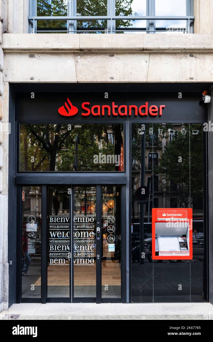 Barcelona, Spain - October 3, 2022: Facade and logo of the Santander bank office in Barcelona, Catalonia, Spain Stock Photo