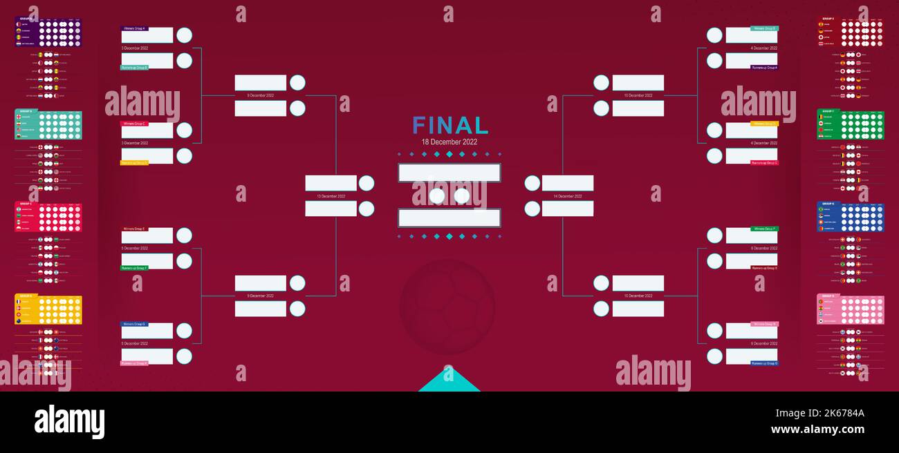 World 2022 match schedule, soccer results table with flags of participants. Tournament bracket  in horizontal design. Vector illustration. Stock Vector