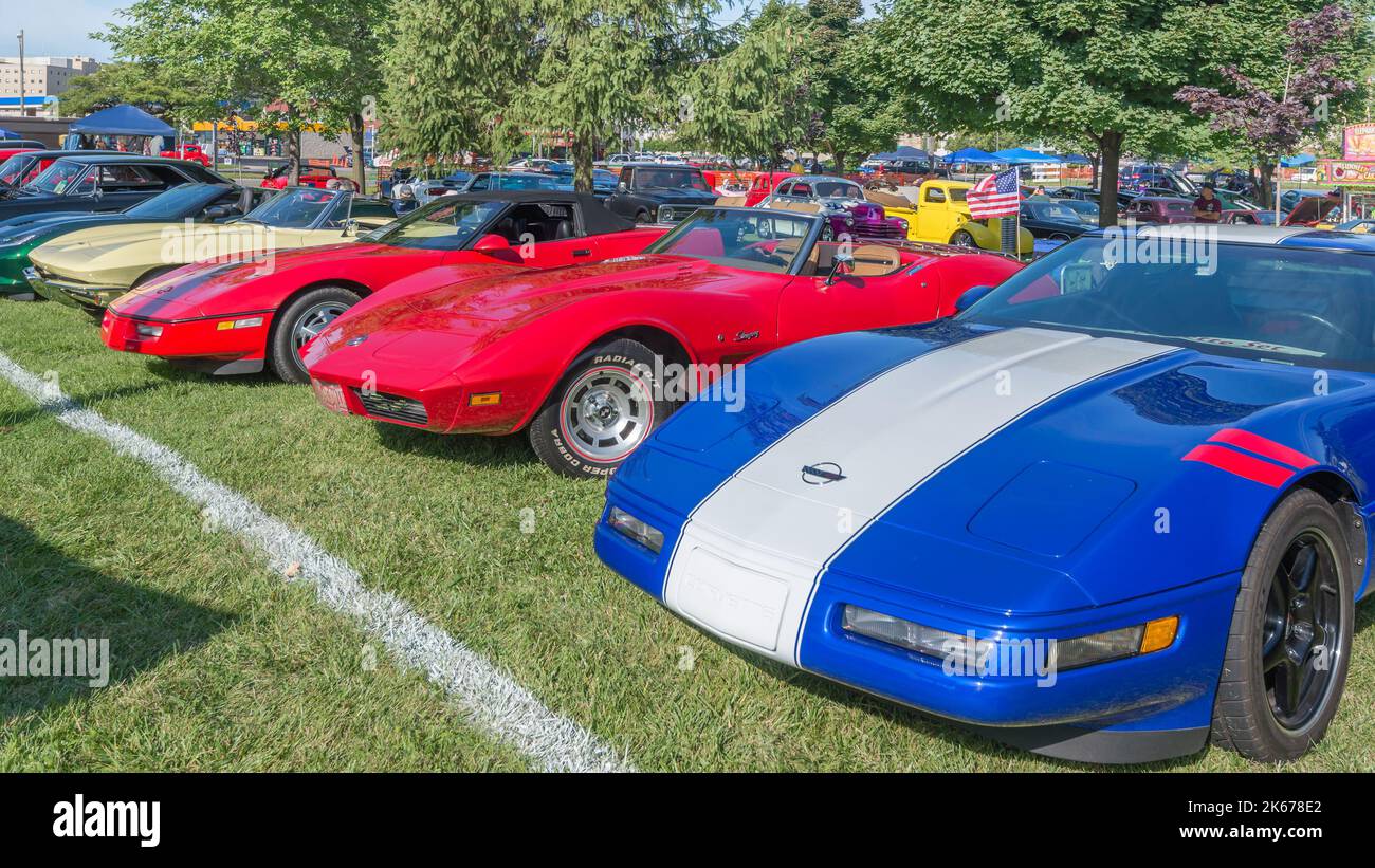 ROYAL OAK, MI/USA - AUGUST 15, 2014: Five Chevrolet Corvette cars