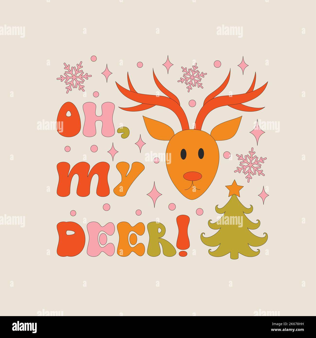 Retro 70s style Christmas text with xmas elements. Stock Vector