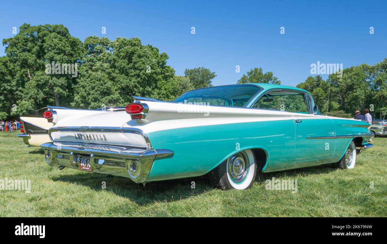 GROSSE POINTE SHORES, MI/USA - JUNE 15, 2014: A 1959 Oldsmobile Dynamic 88 car, EyesOn Design car show, Edsel & Eleanor Ford House, near Detroit. Stock Photo