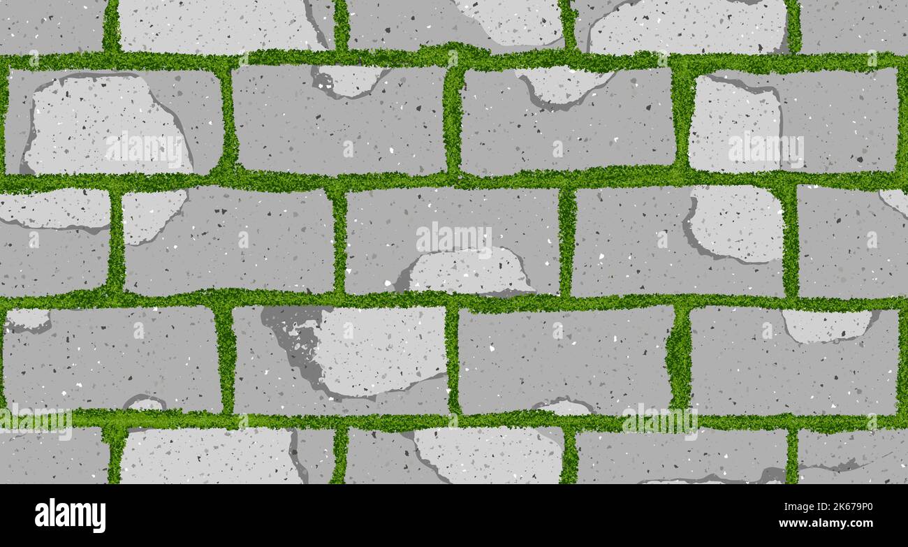 Seamless pattern of old pavement with moss and interlocking cracked old bricks Stock Vector