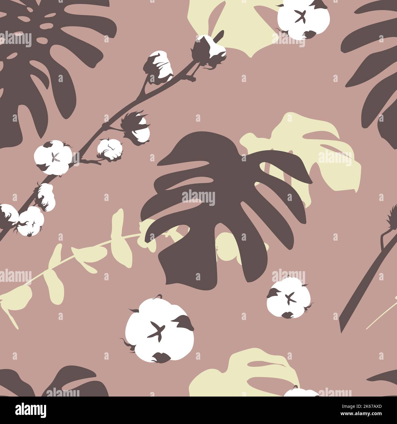 Boho seamless pattern with monstera leaves and cotton Stock Vector