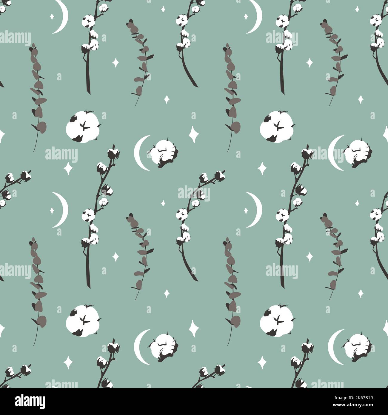 Boho seamless pattern with eucalyptus and cotton Stock Vector