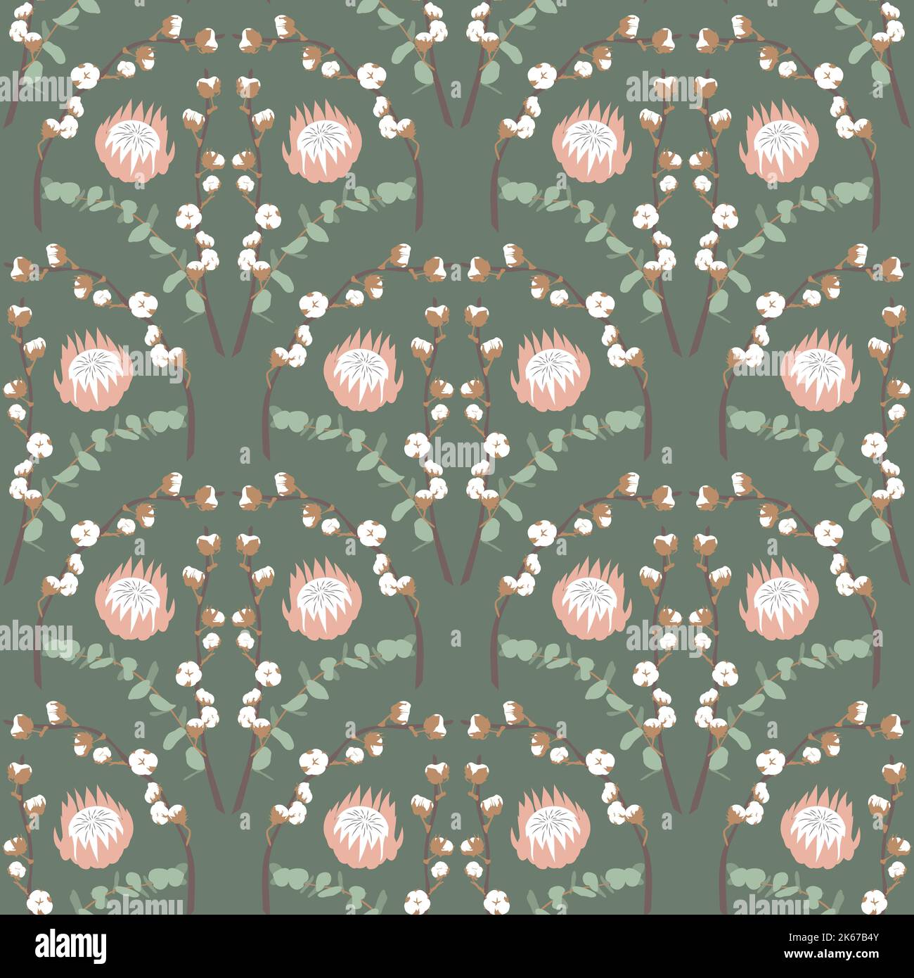 Boho seamless pattern with eucalyptus and cotton Stock Vector