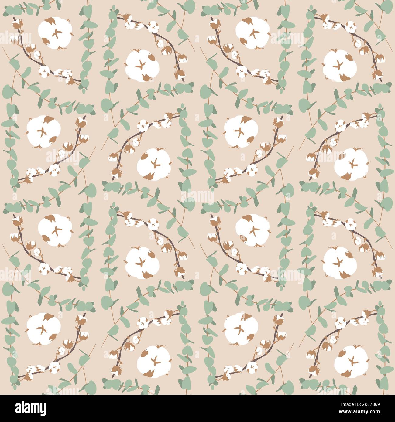 Boho seamless pattern with eucalyptus and cotton Stock Vector