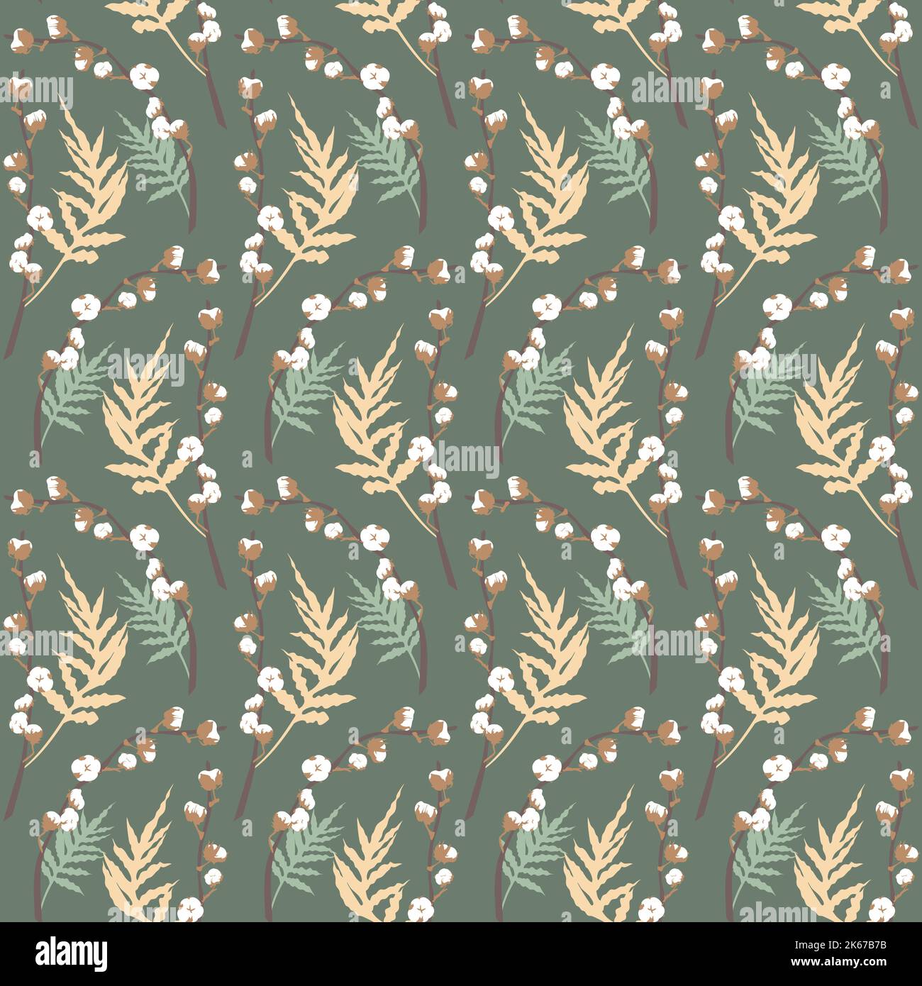 Boho seamless pattern with eucalyptus and cotton Stock Vector