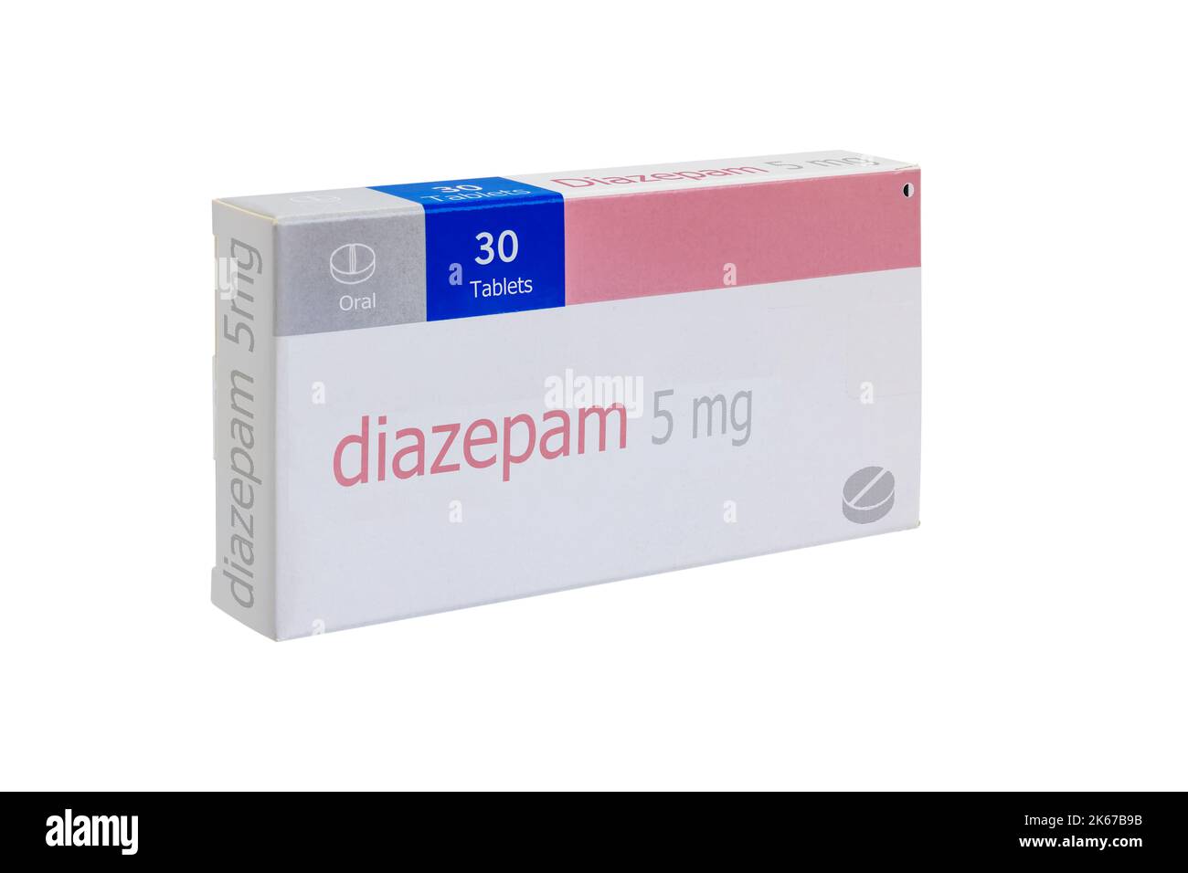 Box of Diazepam 5 mg. Diazepam is a medicine of the benzodiazepine family that produces a calming effect. It is used to treat anxiety, alcohol withdra Stock Photo