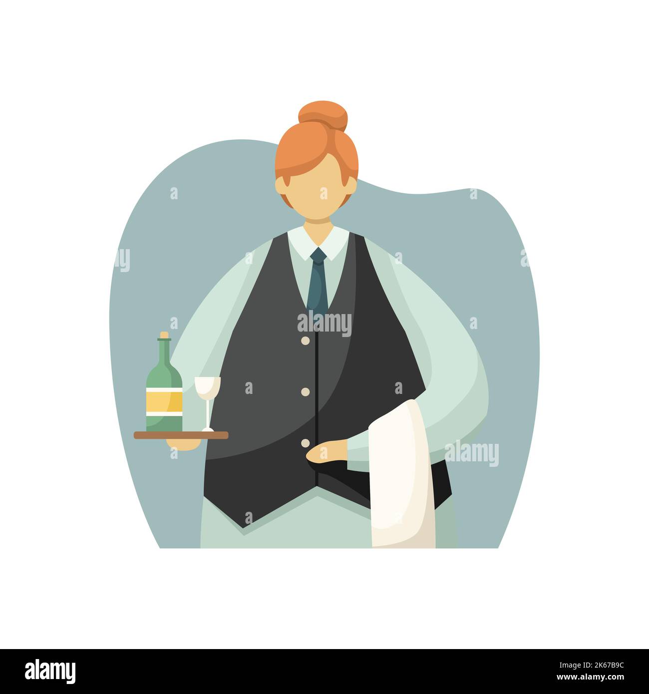 Vector illustration of a uniformed waiter with a tray in her hands and a towel. Profession. Stock Vector