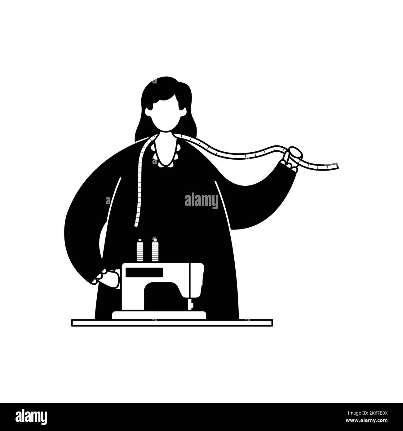 Vector illustration of a seamstress with a sewing machine and measuring tape. Profession. Line art Stock Vector