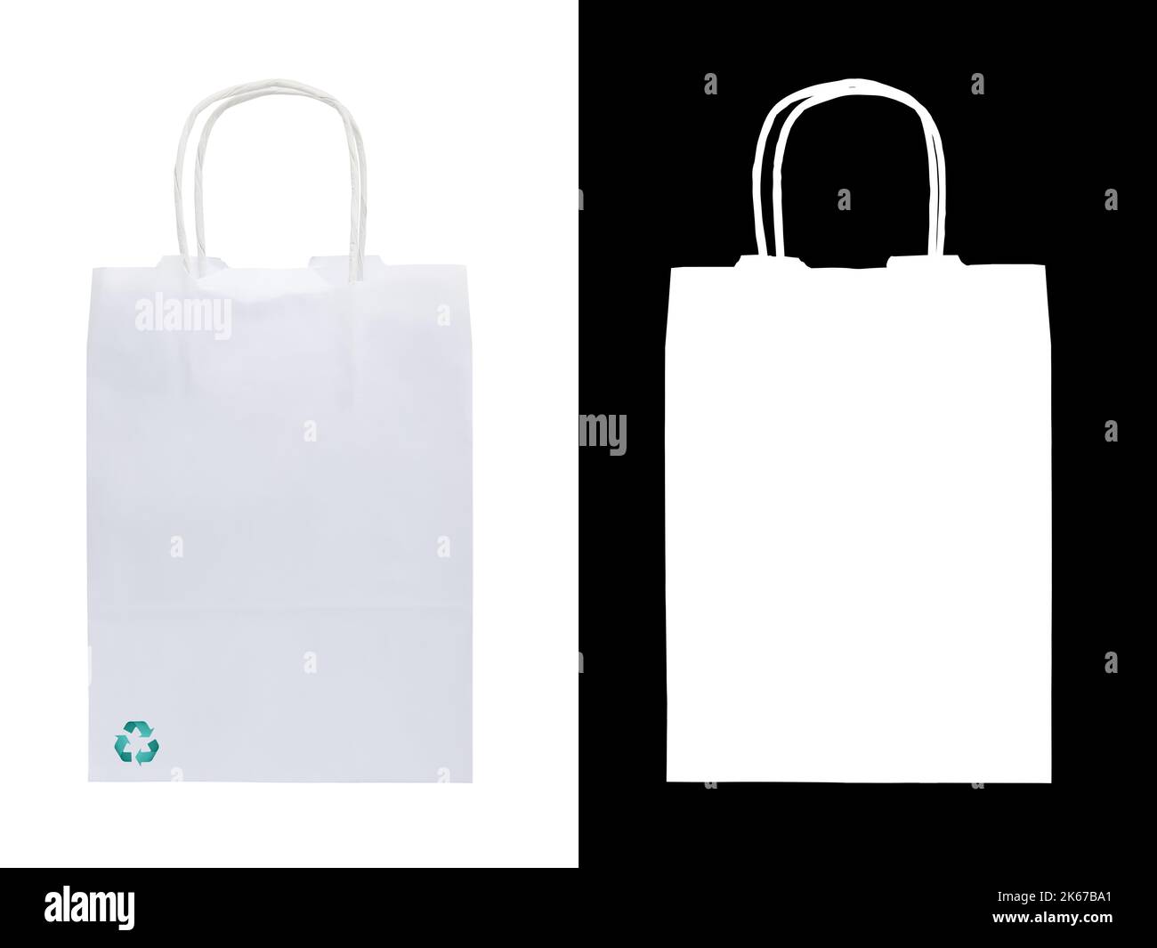 Eco white paper bag with trash recycling logo, Isolated on white background with clipping mask. Concept green living. Stock Photo