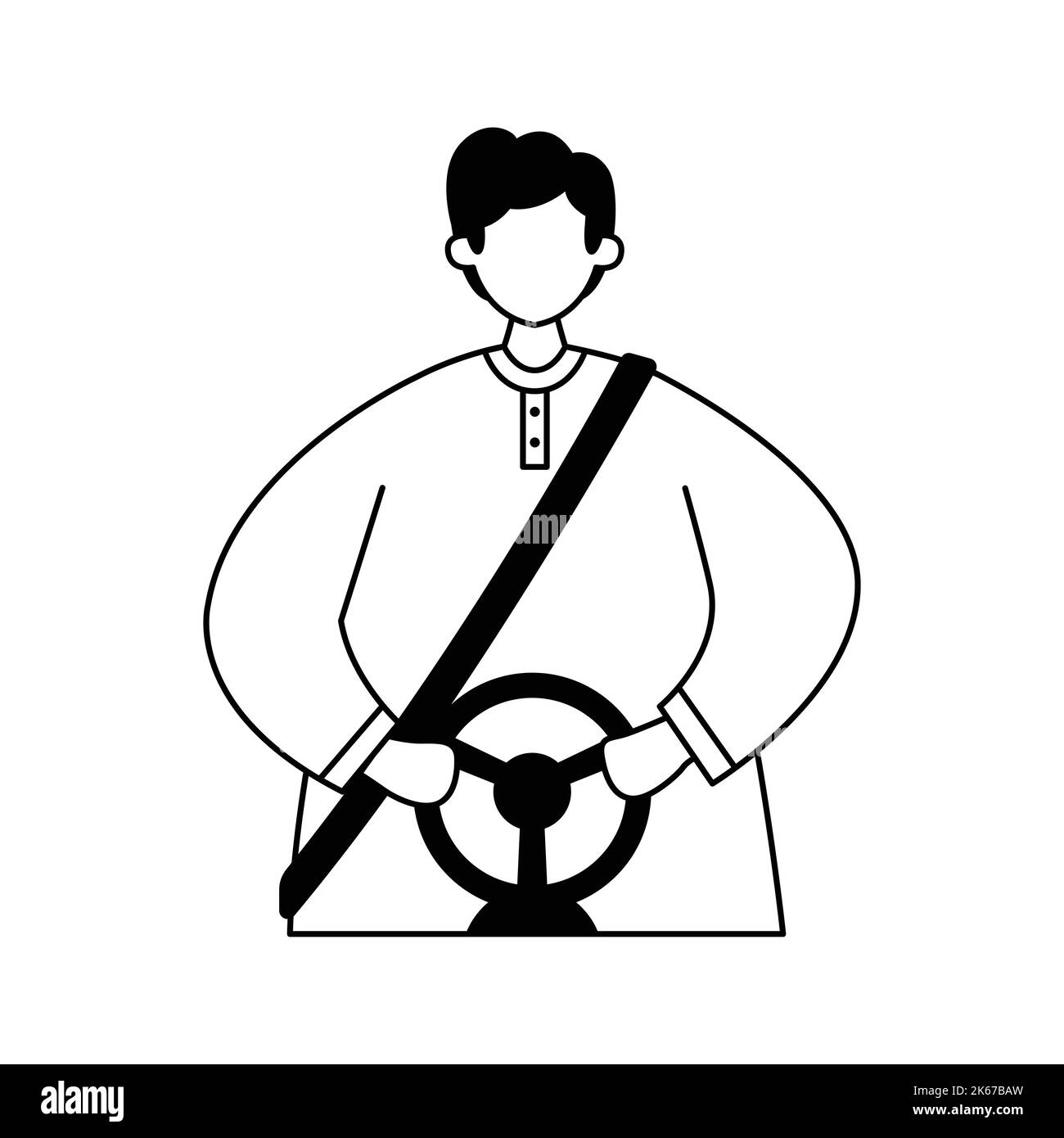 Vector illustration of a driver wearing a seat belt and hands on the steering wheel. Profession. Line art Stock Vector