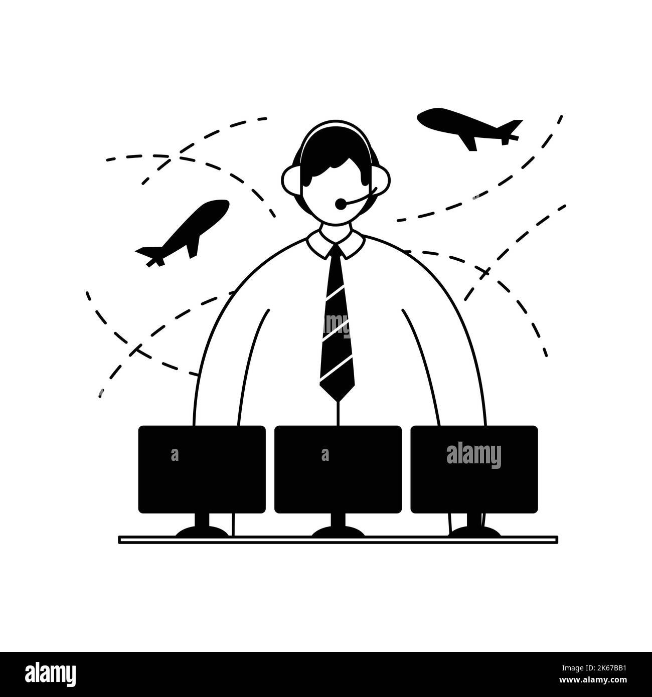Vector illustration of an air traffic controller with a headset on his head in front of monitors. Profession. Line art Stock Vector