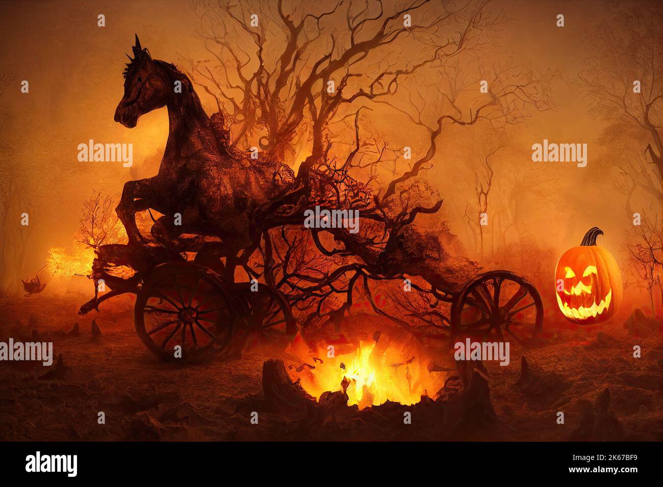 A zombie coachhorse riding in hellish forest with Halloween pumpkins