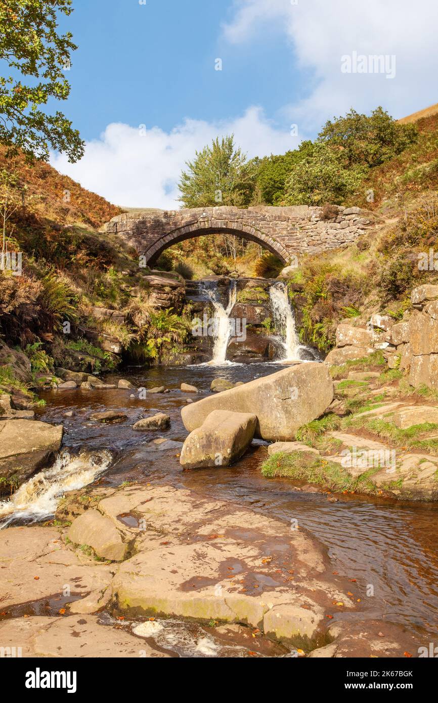Packhorse bridge over the river Dane at the Three Shires Head on Axe