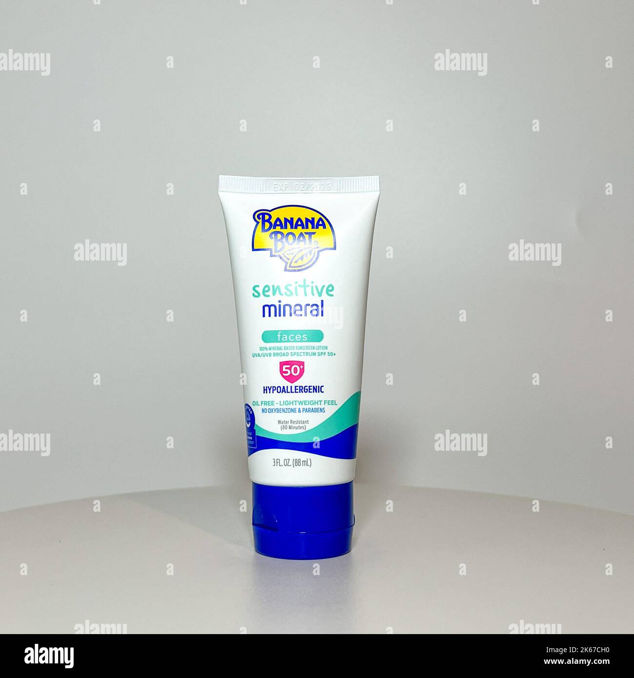 Orlando, FL USA July 14, 2022 A tube of Banana Boat Sensitive Mineral suntan lotion on a