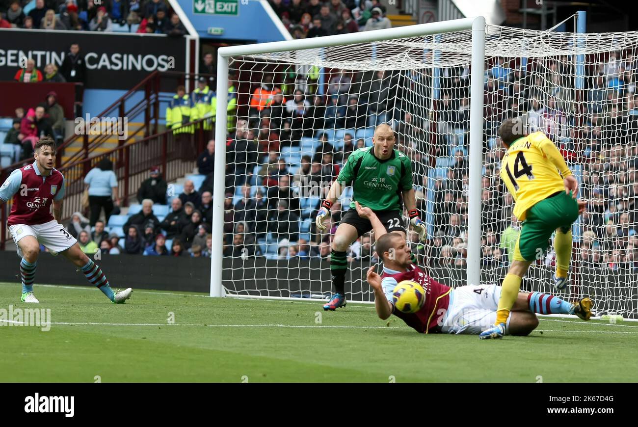 27th October 2012 - Barclays Premier League - Aston Villa Vs Norwich City -  Ron Vlaar of Aston Villa inadvertantly handles as Wes Hoolahan of Norwich City tries to cross. - Photo: Paul Roberts / Pathos. Stock Photo