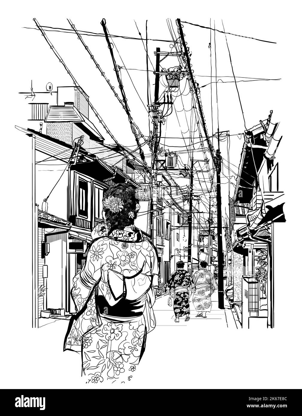 Japan, street in Kyoto with pedestrians - vector illustration  (japanese caracters are fake - no meaning) (Ideal for printing, poster or wallpaper, ho Stock Vector
