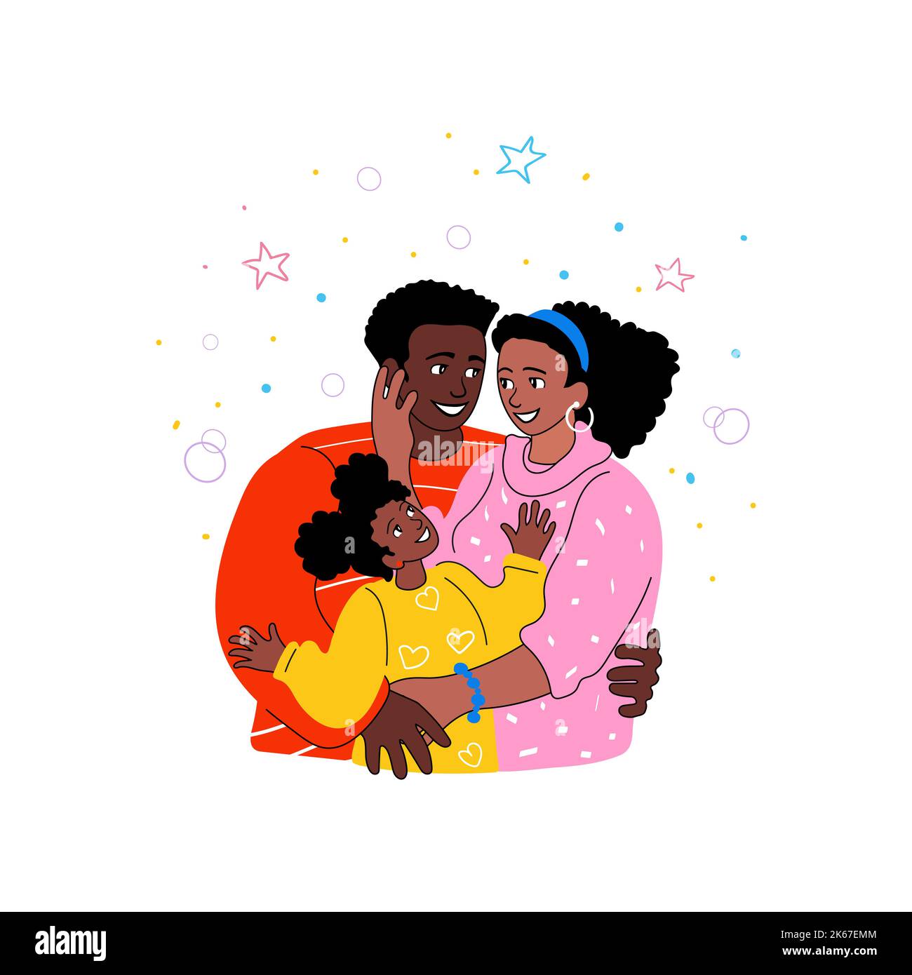 Cute young smiling African American family couple in winter sweaters hugging each other and their little daughter. Wellness, parenthood, love Stock Vector