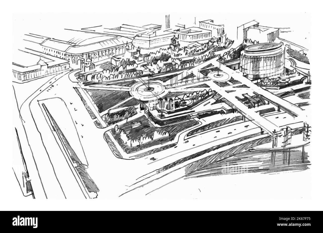 An image of an architectural ensemble from a bird's-eye view. The perspective of the exterior of a part of the city. Hand-drawn graphics Stock Vector