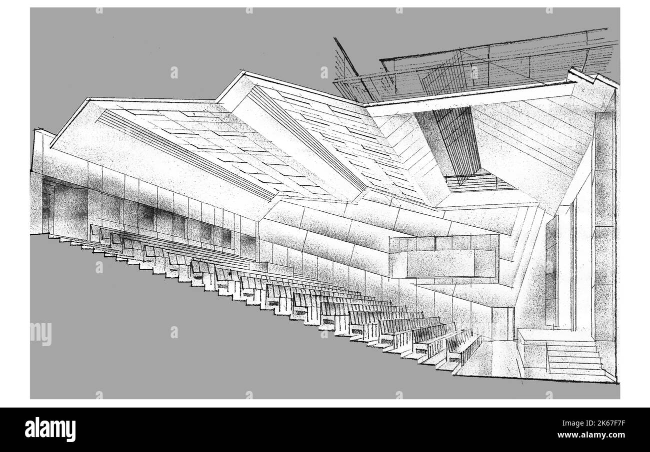 Monochrome sketch of the interior of the auditorium. Architectural section. Vector illustration Stock Vector