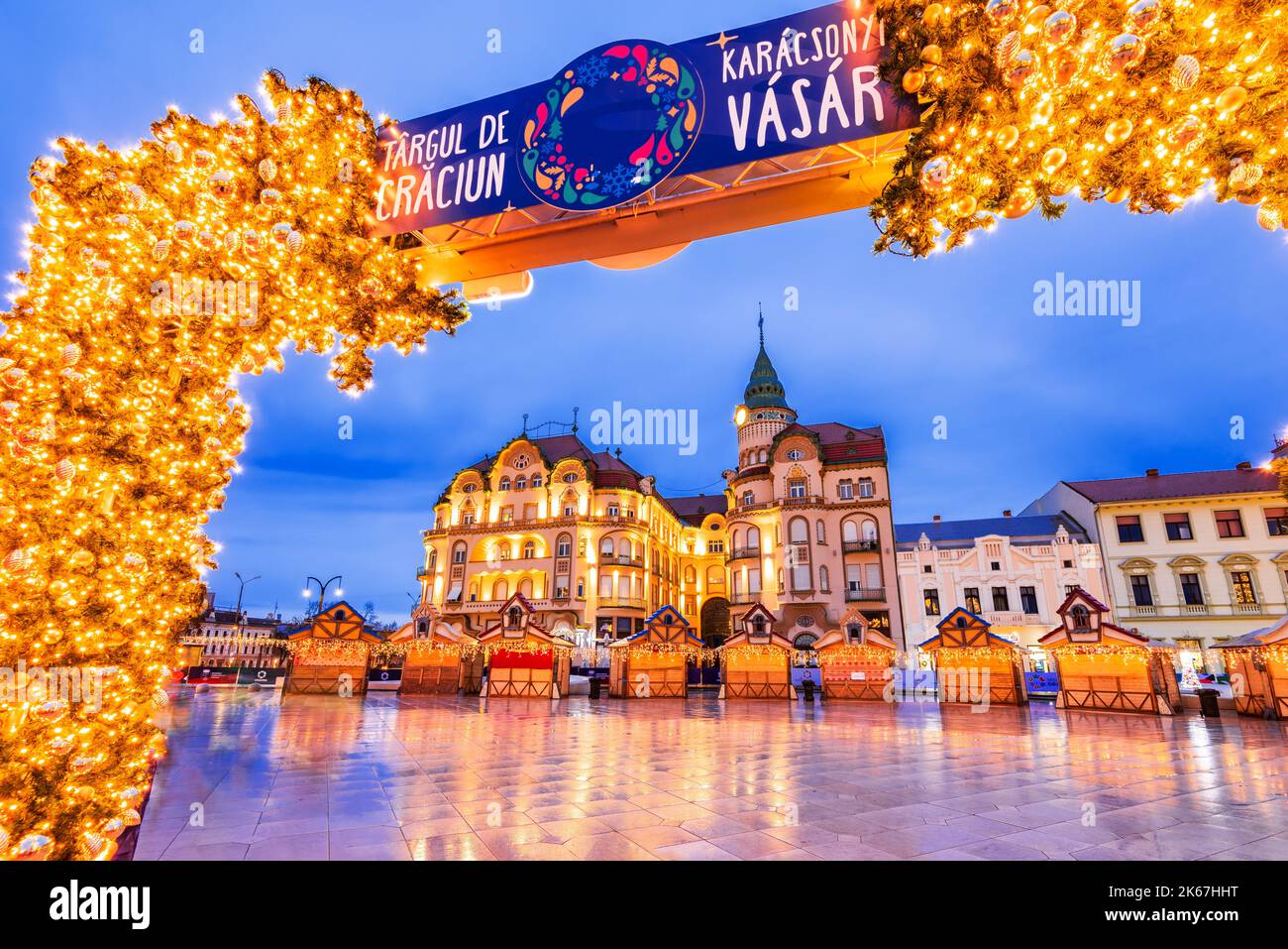Oradea, Romania - December 2021. Christmas Market and decorations in beautiful city of Crisana - Transylvania, Eastern Europe Stock Photo