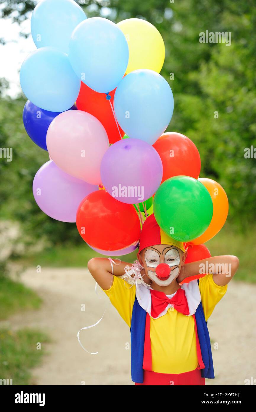 clown, fun, happy, clowns, colorful, funny, good mood, balloons, jumping, performance, show, nonviolent communication Stock Photo