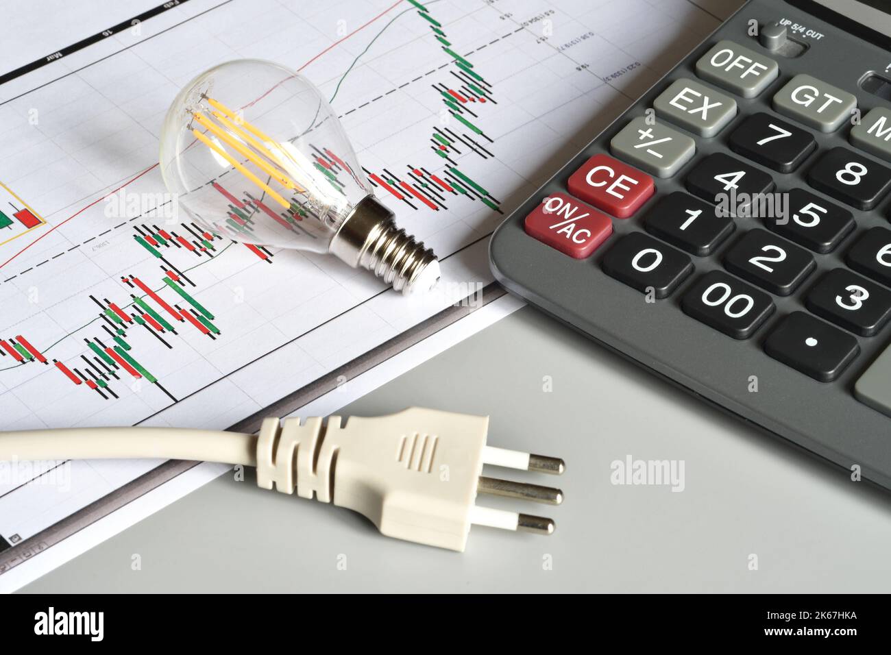 Closeup of energy save light bulb, calculator and electric plug over