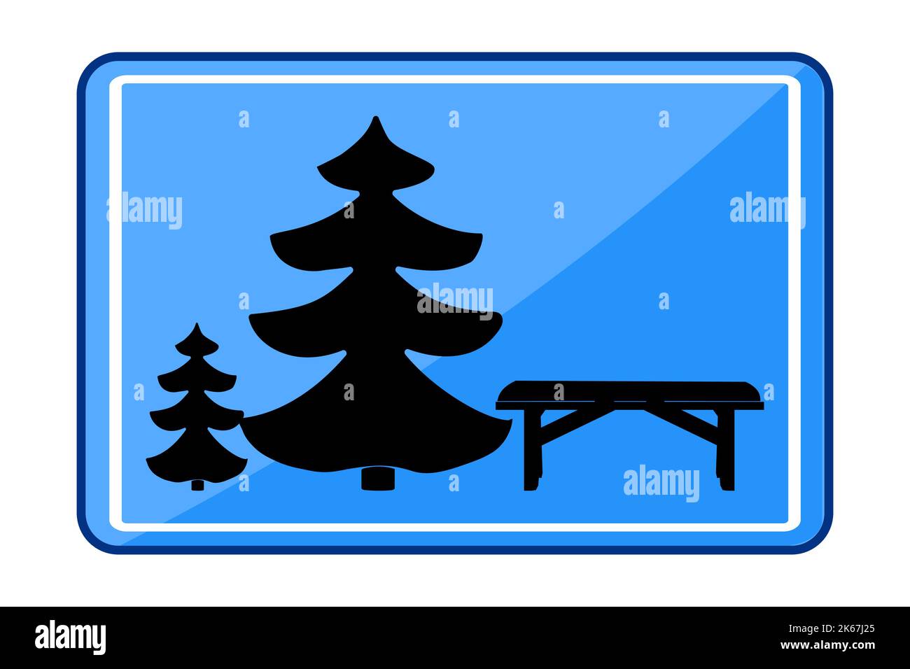 Traffic sign with bench and pine tree. Parking zone. Picnic area icon. Road sign indicating resting place. Rest site for motorists.Vector illustration Stock Vector