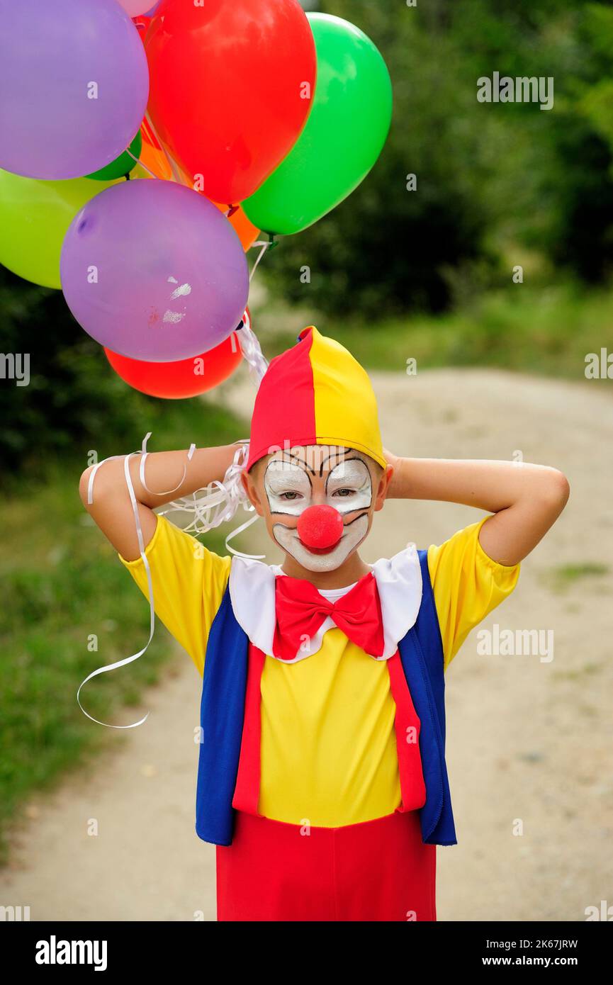 clown, fun, happy, clowns, colorful, funny, good mood, balloons, jumping, performance, show, nonviolent communication Stock Photo