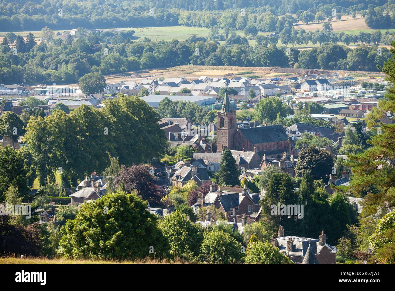 The Scottish Town of Crieff from the hill called the Knock of Crieff Stock Photo