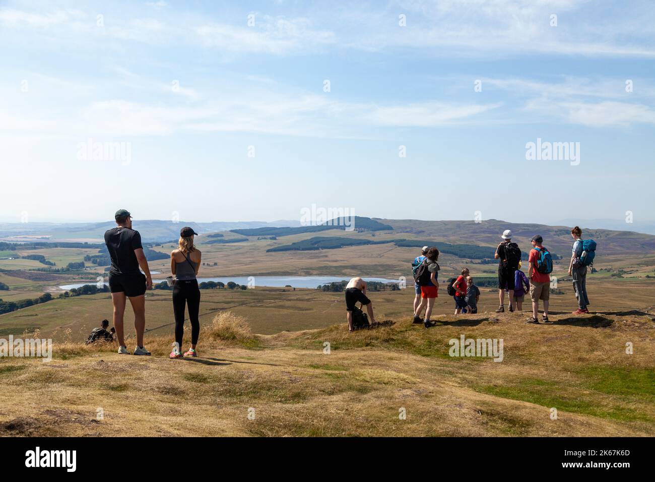 Hillwalkers at the top of East Lomond Hill, Fife, Scotland Stock Photo