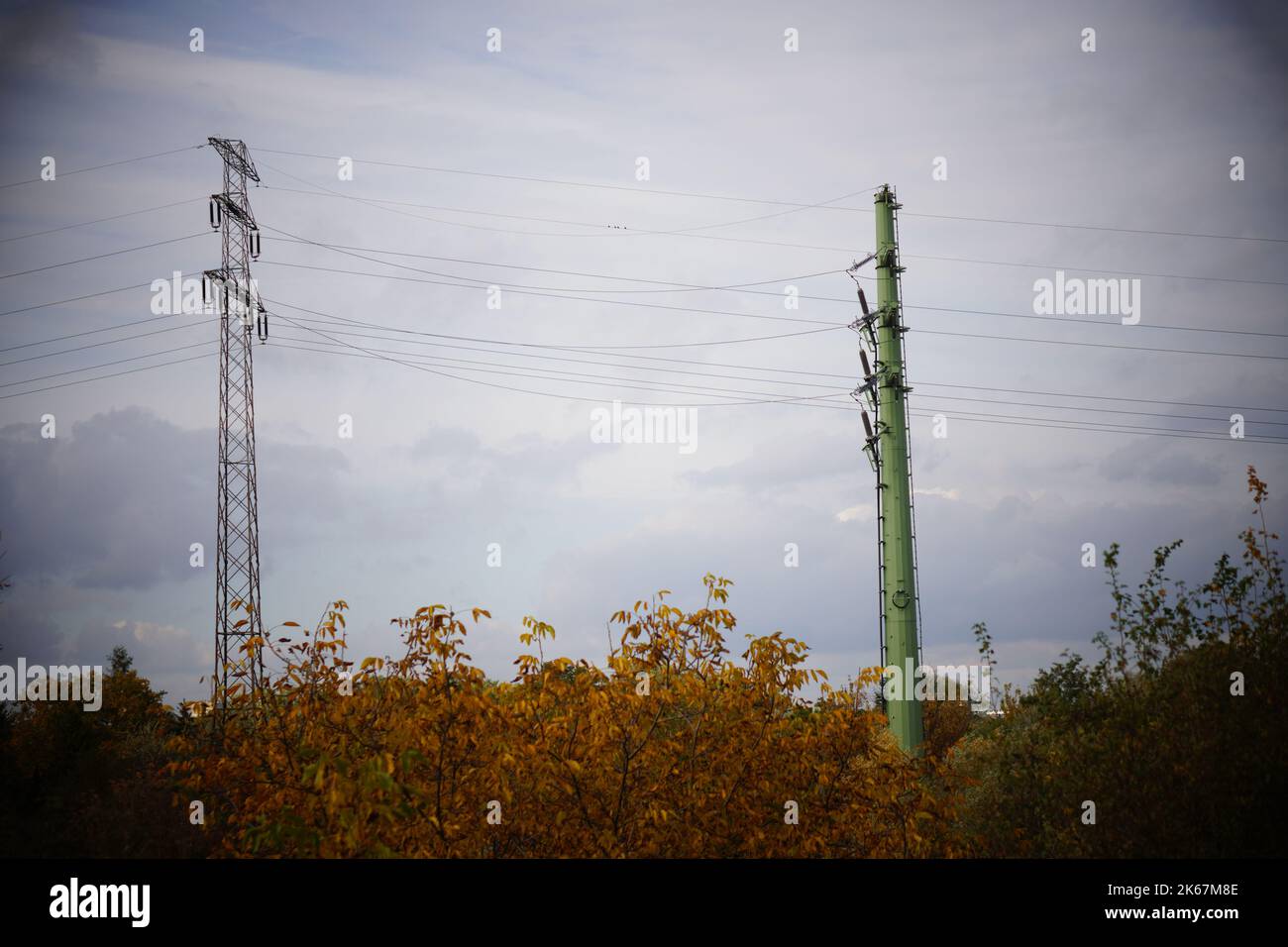 The steel electricity towers over a park in a cloudy sky Stock Photo ...