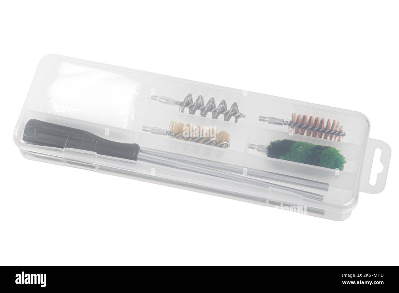 A set for cleaning weapons in a plastic case isolate on a white background. Weapon care tools. Stock Photo