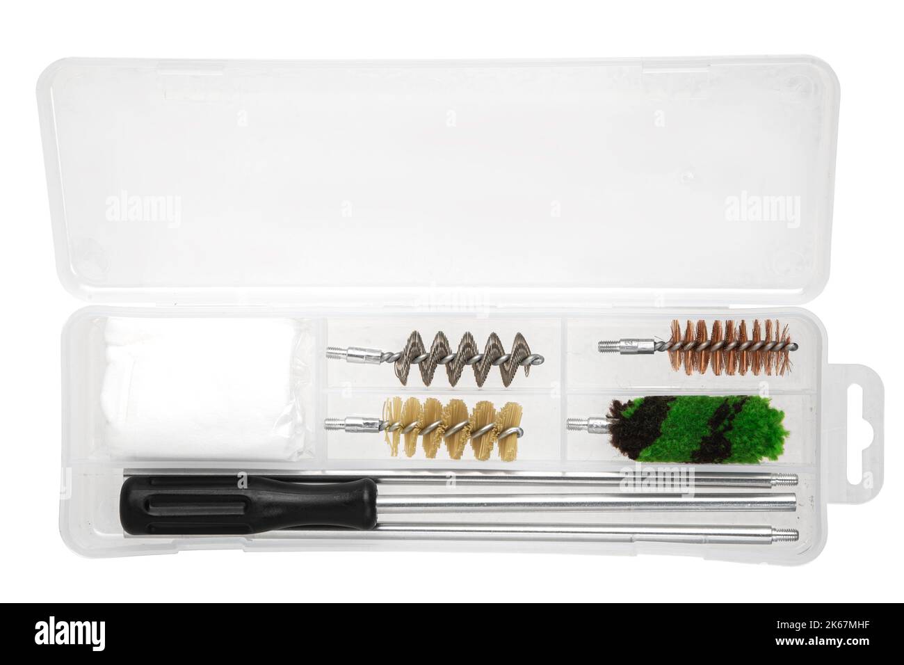 A set for cleaning weapons in a plastic case isolate on a white background. Weapon care tools. Stock Photo