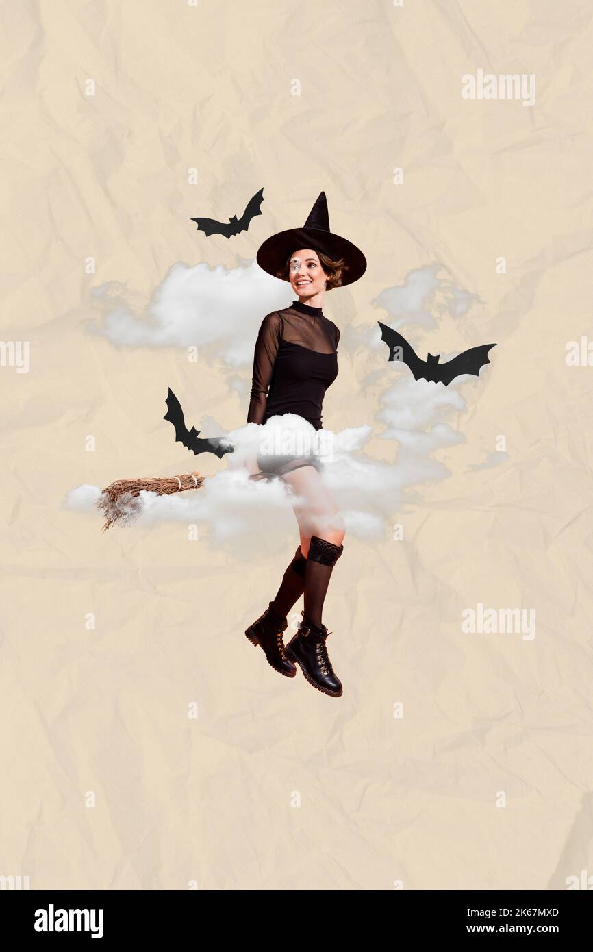 Magazine banner collage of beautiful lady flying high air fantasy night dream on broom stick