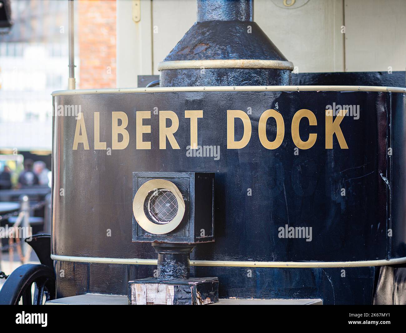 Albert dock Liverpool name painted in gold on the back of traction engine steam powered vehicle Stock Photo