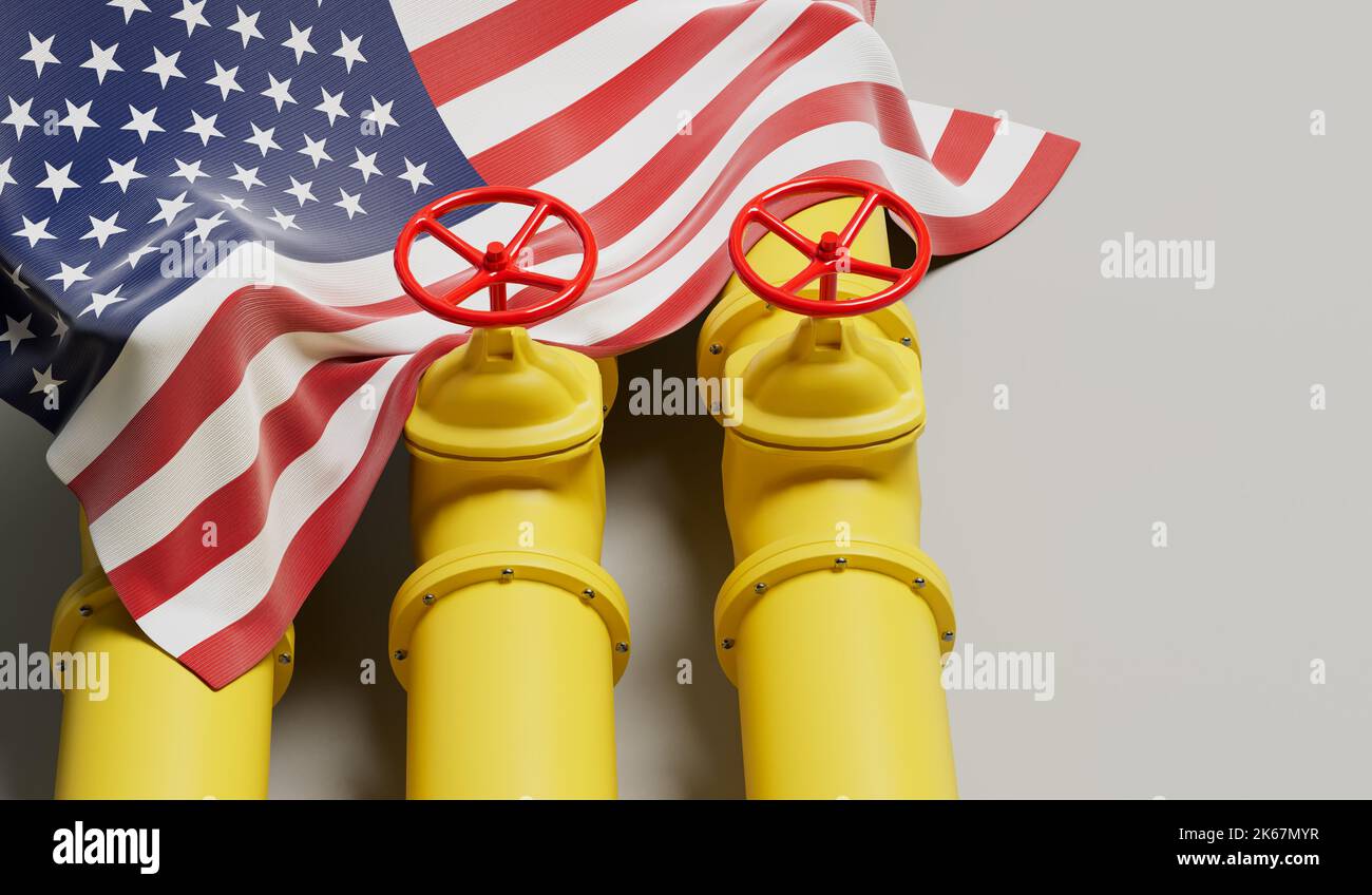 USA flag covering an oil and gas fuel pipe line. Oil industry concept