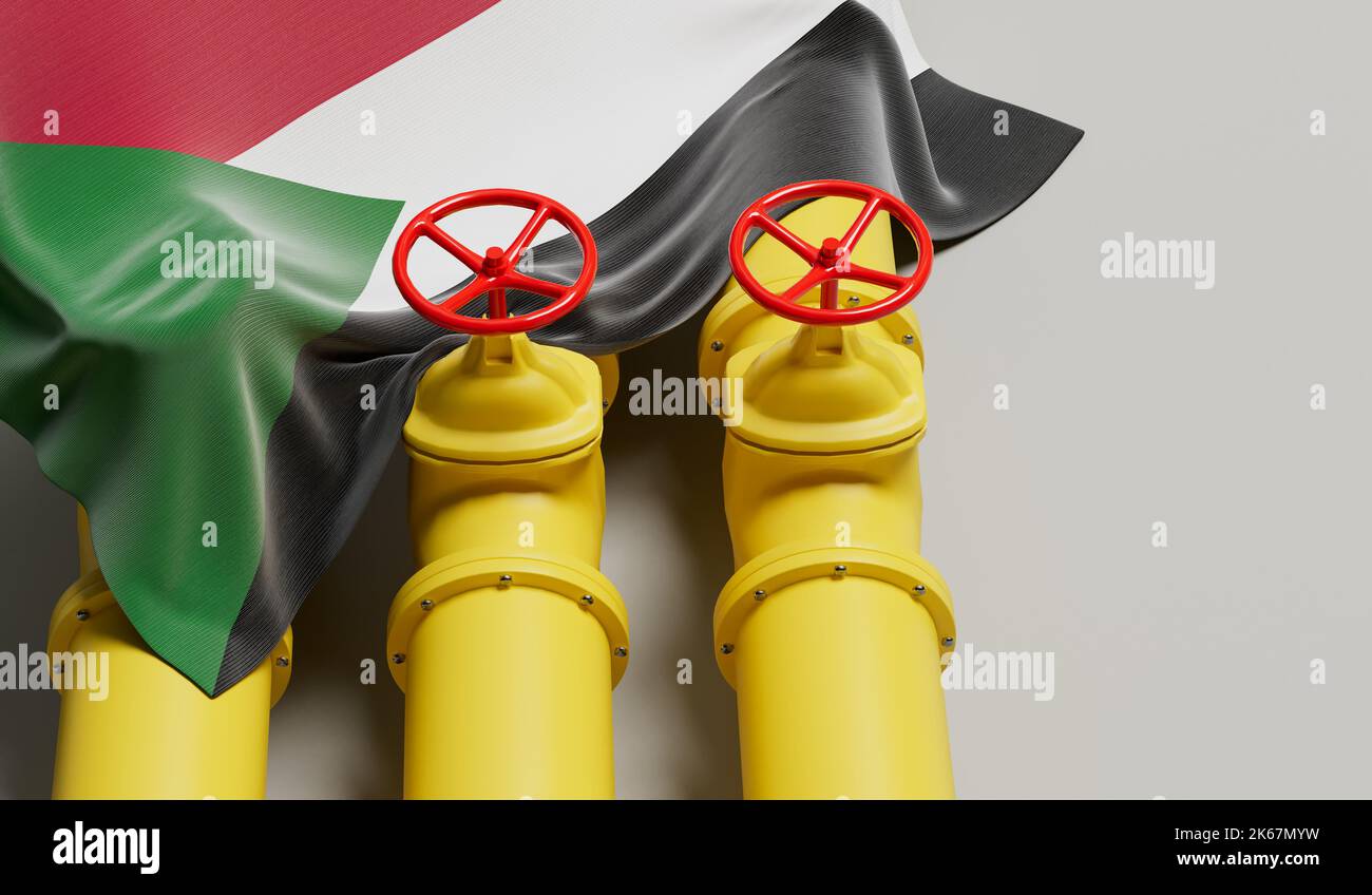 Sudan flag covering an oil and gas fuel pipe line. Oil industry concept. 3D Rendering Stock Photo