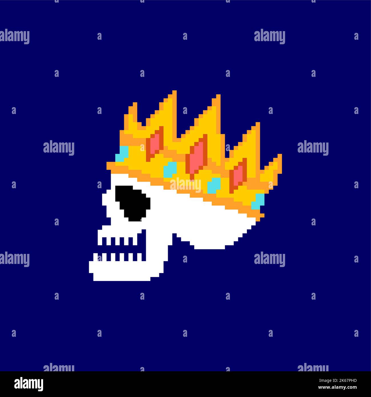 King skull Pixel art.8 bit Head of skeleton in crown. pixelated Vector illustration Stock Vector