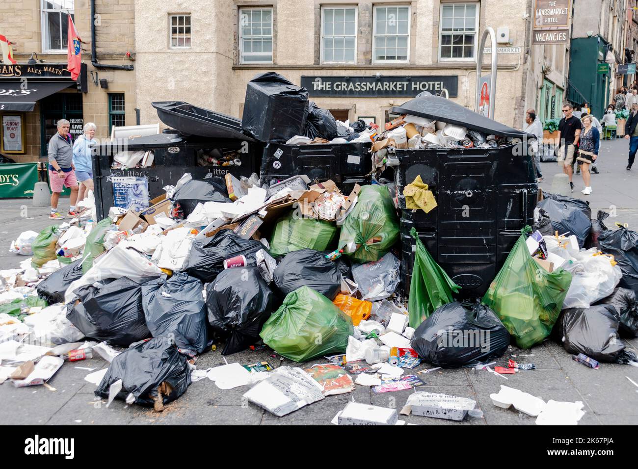 Scenes of over flowing bins on the Grassmarket in Edinburgh as