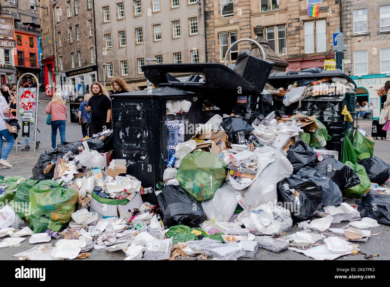 Scenes of over flowing bins on the Grassmarket in Edinburgh as