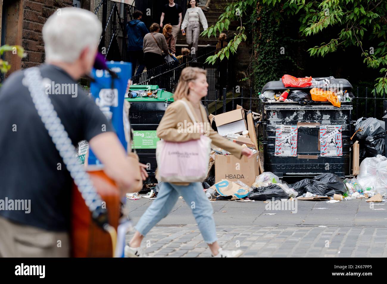 Scenes of over flowing bins on the Grassmarket in Edinburgh as