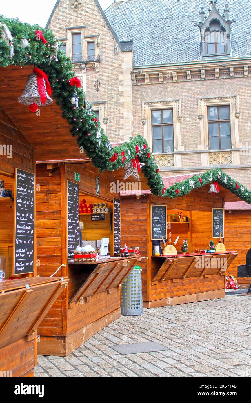 Christmas market in old castle. Prague, Czech Republic. Stock Photo