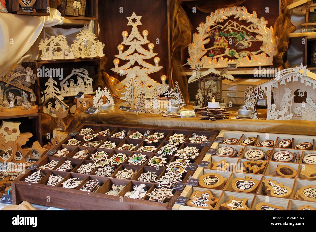 Traditional wooden souvenirs at a market. Prague, Czech Republic. Stock Photo