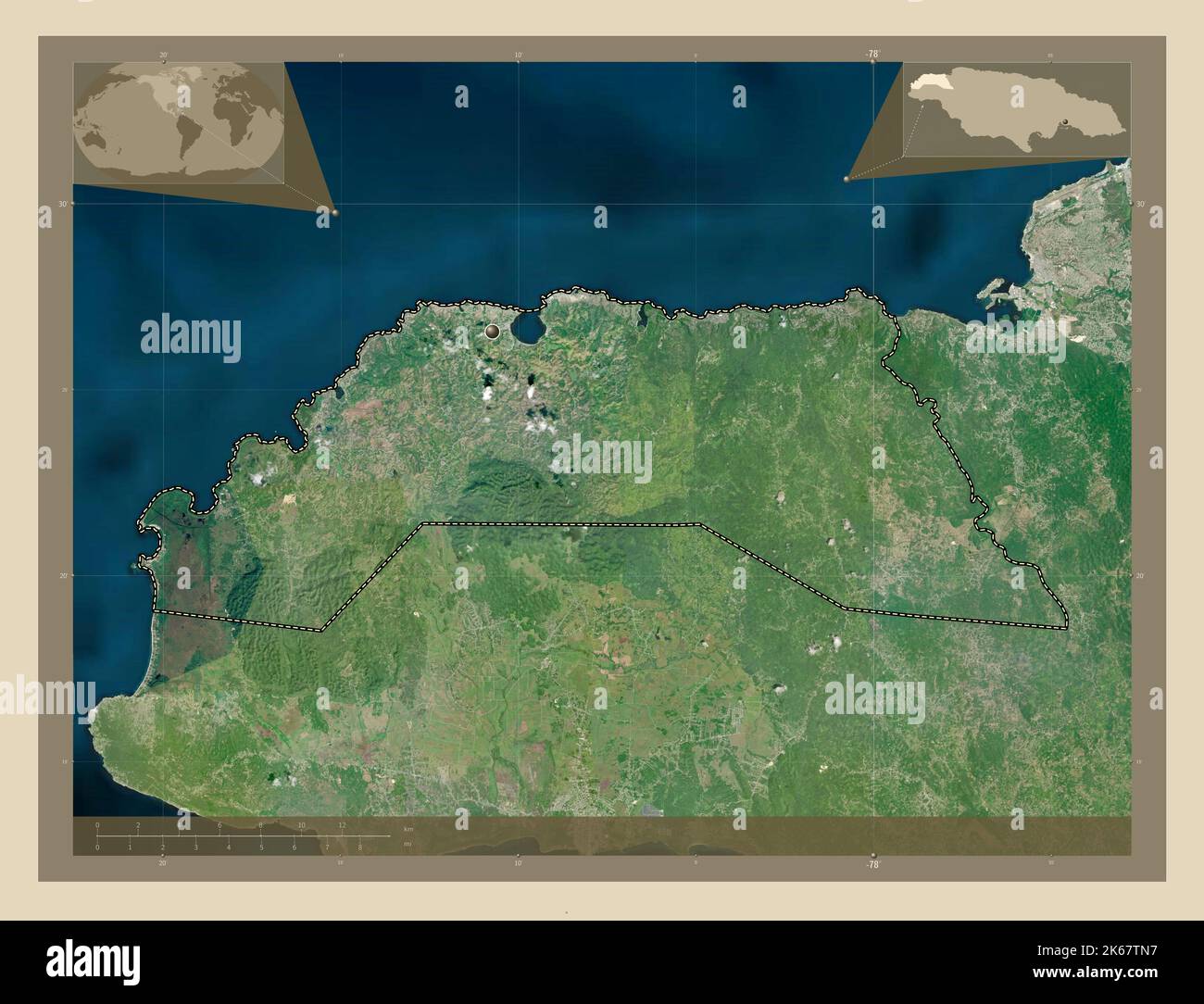 Hanover, parish of Jamaica. High resolution satellite map. Corner